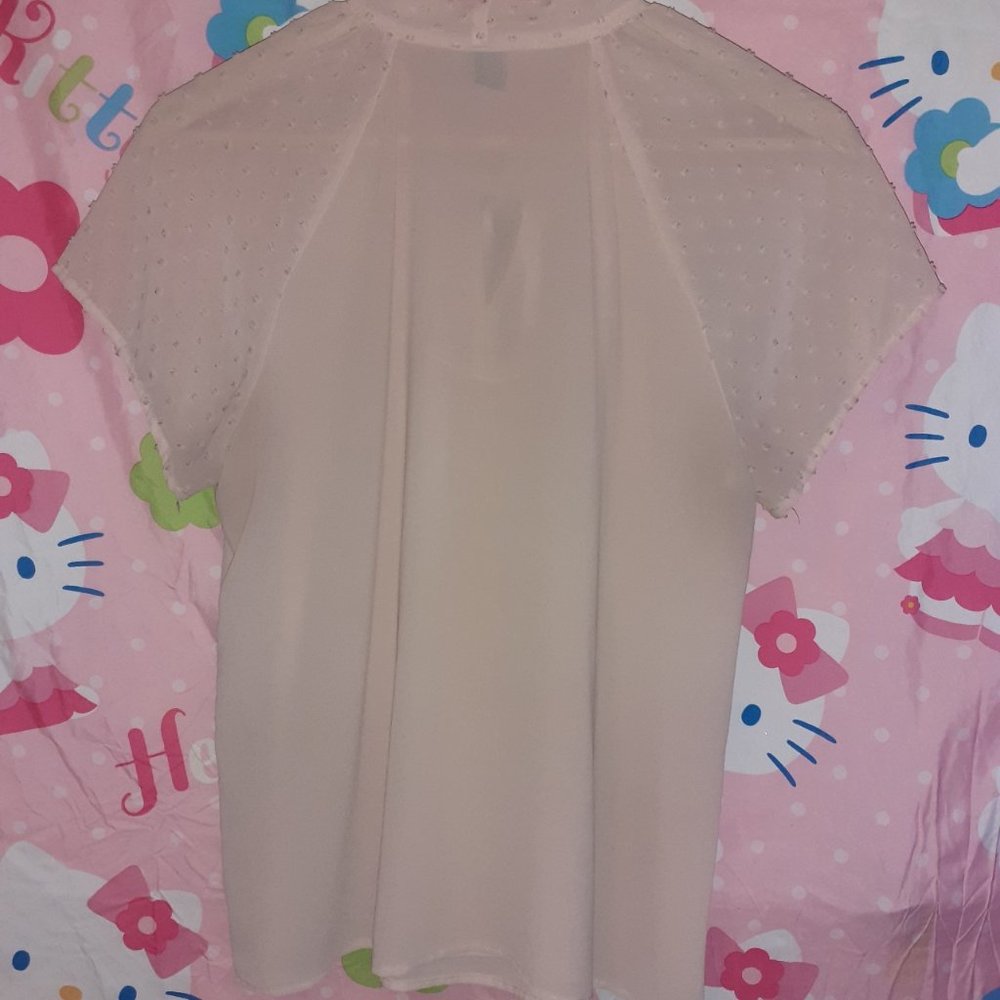 Baby Pink Sheer Short Sleeve Bow Tie Blouse (M) - Picture 3 of 3